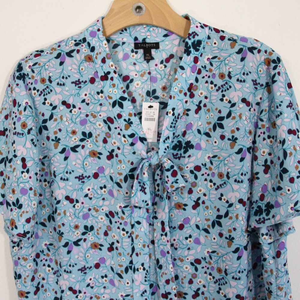 Talbots Floral Top New Women Short Sleeve Blouse V Neck Bow Shirt sz XL - Picture 8 of 11